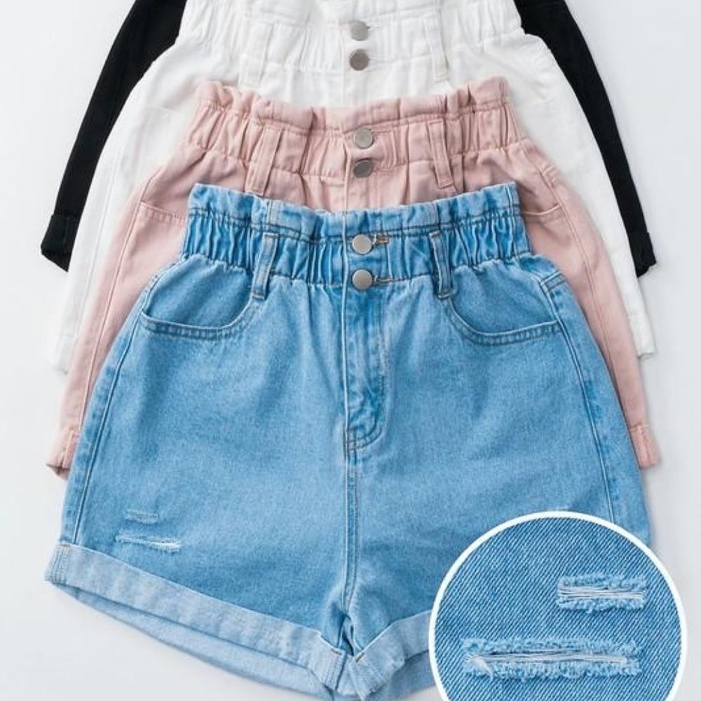 High Waist Distressed Denim Shorts in White Denim - Plus Size